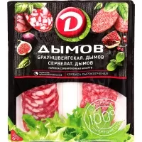 Ассорти нарезка Дымов БРАУНШВЕЙГСКАЯ ПОЛУСУХАЯ + СЕРВЕЛАТ ПОЛУСУХОЙ 90 гр